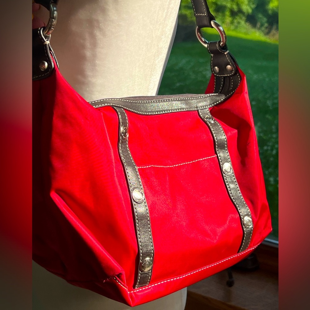 Pourchet Red ❤️ 👜 Shoulder Bag Leather Trim Silver Hardware